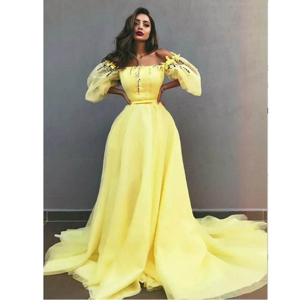 Pretty 2020 Lemon Yellow Floral Evening Dresses With Puffy Full Sleeves Fashion A-line Evening Gows Slash Neck Off Shoulder