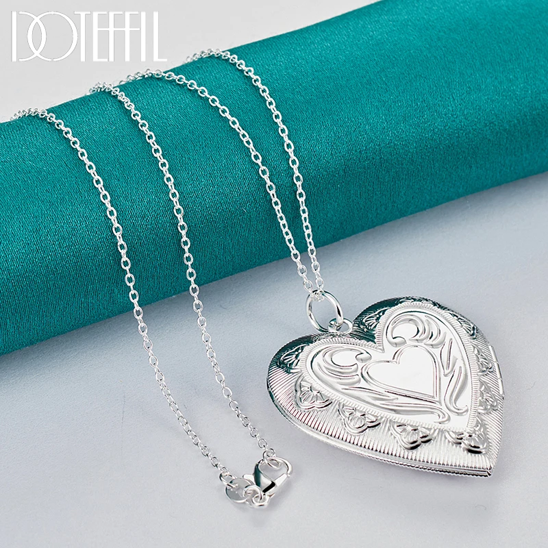 DOTEFFIL 925 Sterling Silver 16-30 Inch Chain Heart Shaped Photo Frame Pendant Necklace For Women Man Wedding Charm Jewelry