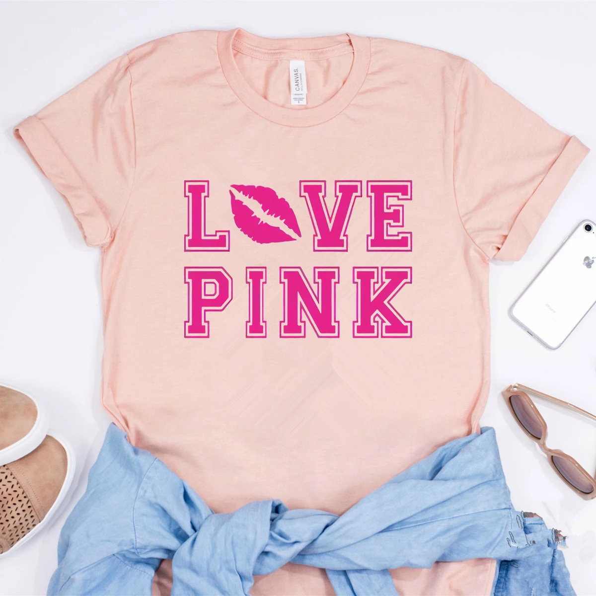 Women PINK Love Graphic Tee Pink Heart Shirt VS Summer Brand Tops Ladies Harajuku Shirts Oversized Tops