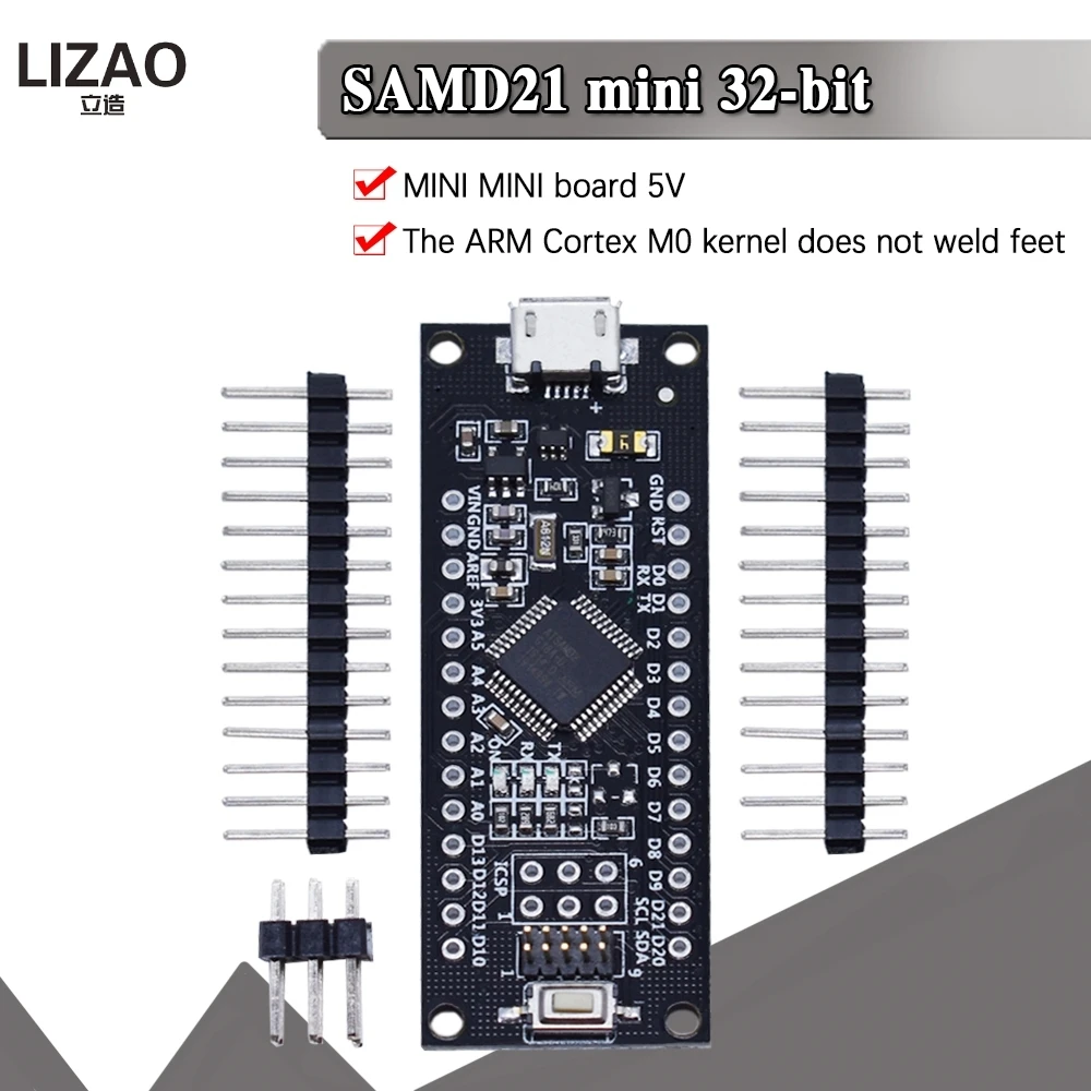 SAMD21 M0-Mini. 32-bit ARM Cortex M0 core. Pins UnSoldered. Compatible with Arduino Zero, Arduino M0. Form Mini