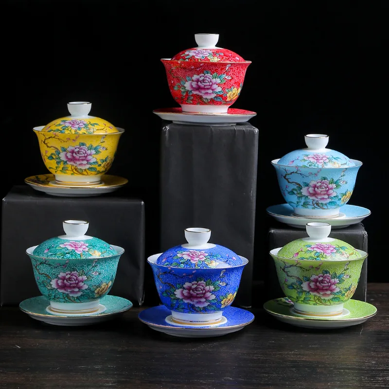 HMLOVE Color Enamel Gaiwan White Porcelain Cover Bowl Kung Fu Tea Set Handpainted Peony Flower Tureen Travel Teaware Gift 150ML