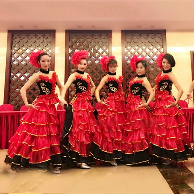 Flamenco Đầm Giang Hồ Váy Phụ Nữ Tây Ban Nha Bụng Trang Phục Lớn Cánh Hoa Điệp Khúc Diễn Sân Khấu Khi Mặc