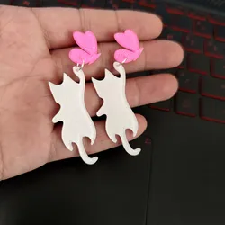 KUGUYS Cat Catches Butterfly Drop Earrings for Women Glitter Pink White Kittens Acrylic Jewellery Cute Girls Kids Accessories