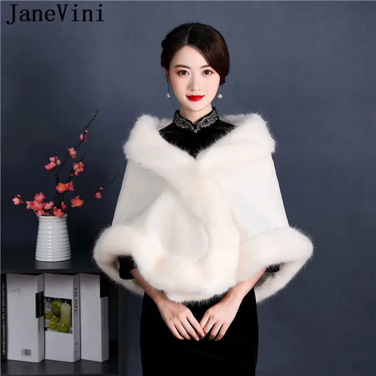 

JaneVini 2023 Elegant Ivory Faux Fur Stole Bridal Wrap Shawl Wedding Dress Jacket Women Bride Shrugs Bolero Cape De Mariage