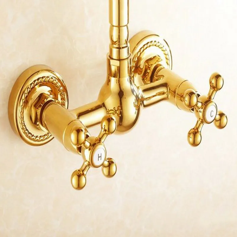 Luxus Gold Farbe Messing Wand Montiert Schwenk Auslauf Badezimmer Badewanne Wasserhahn Heiß Kalt Mixer Wasserhähne Zwei Kreuz Griffen agf019