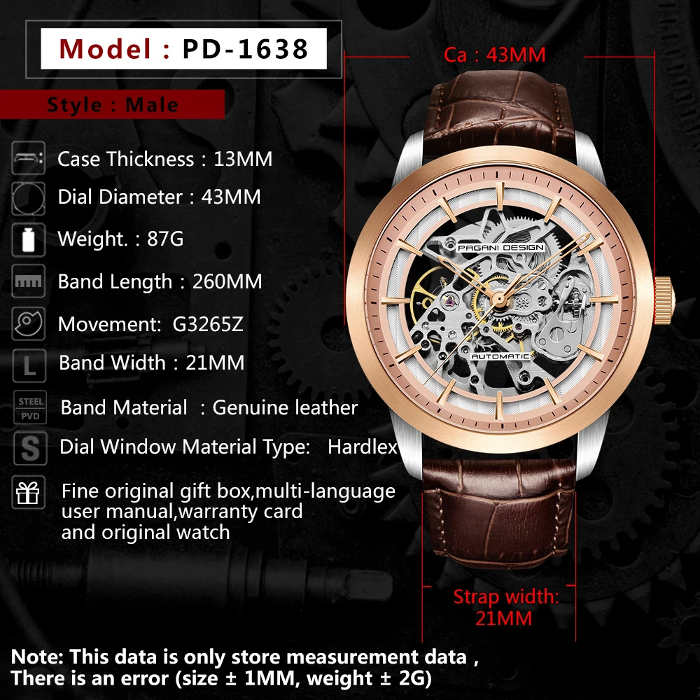 PAGANI DESIGN Top Brand Luxury Automatic Watch Men Genuine Leather Mechanical Skeleton Waterproof Watches Relogio Masculino