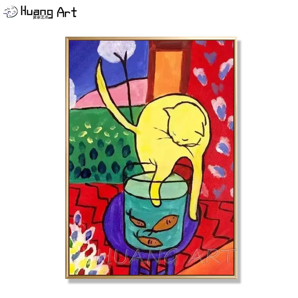 

Hand-painted Modern Cat is Playing with Fish Painting for Wall Decor Reproduction Henry Matisse Oil Painting on Canvas Animals