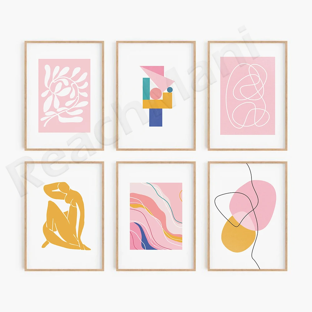 Mustard Pink Blue Abstract Print, Matisse Gallery Wall Set, Mid Century Modern Art, Geometric Printable Wall Art