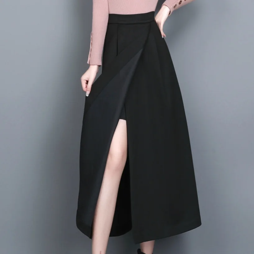 

auutmn winter woolen skirt a-lien women high waist thick mid calf split umbrella skirt