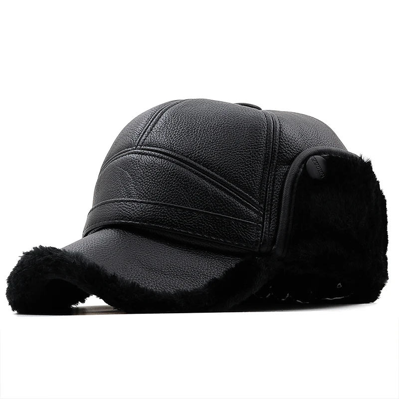 New warm Man Leather Hats Winter First Layer Cowhide Warm Earmuffs Bomber Caps Plus Velvet Thicken Male Bone Caps Dad Hat