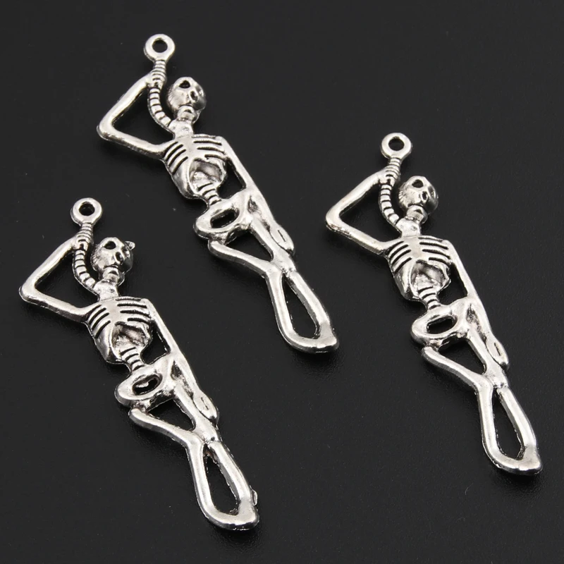 25pcs Silver Color 42x12mm Skeleton Man Charms Skull Pendant Halloween Gifts For DIY Handmade Punk Jewelry Making Accessorie