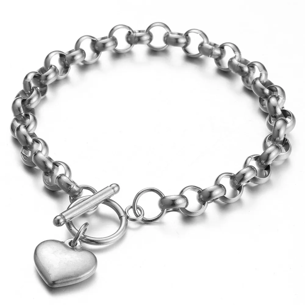 Vintage Stainless Steel Keel Chain Puff Heart Charms Bracelet For Woman Toggle Bracelets Jewelry