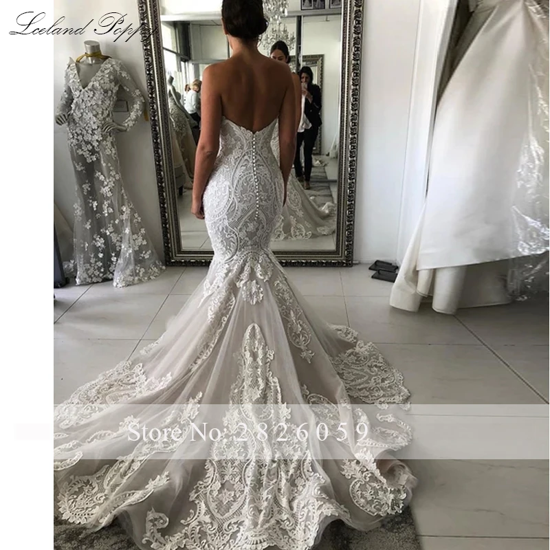 Lceland Poppy Customized Strapless Mermaid Lace Wedding Dresses Sleeveless Floor Length Bridal Gowns Chapel Train