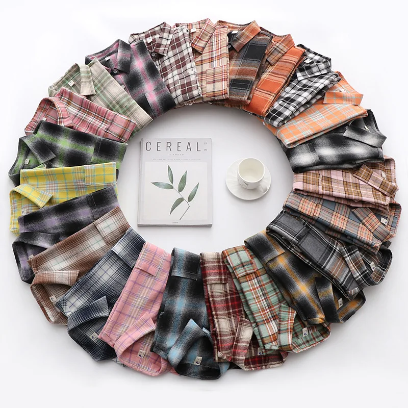 

Korean Style Loose Long Sleeve Plaid Shirt Women Cotton Chic Vintage Shirts Ladies Blouses Tops Women's Clothing