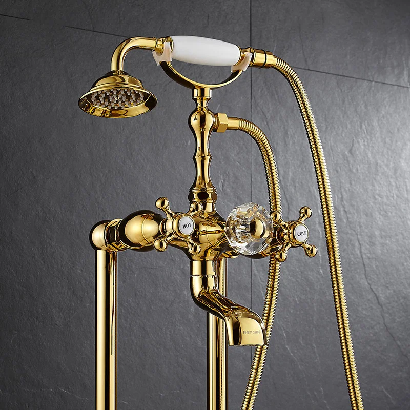 

Brass Bathtub Shower Faucet Set, Gold Bathroom Hot Cold Mixer,Floor Standing Type,Tap with Phone Shape Handheld , Double Handle