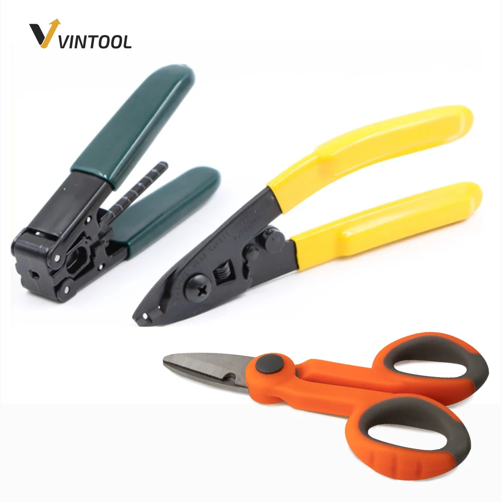 VINTOOL 3 in 1 Optical Tool Kit Kevlar Scissors 3 Holes Fiber Optic Stripper and Drop Fiber Cable Stripper