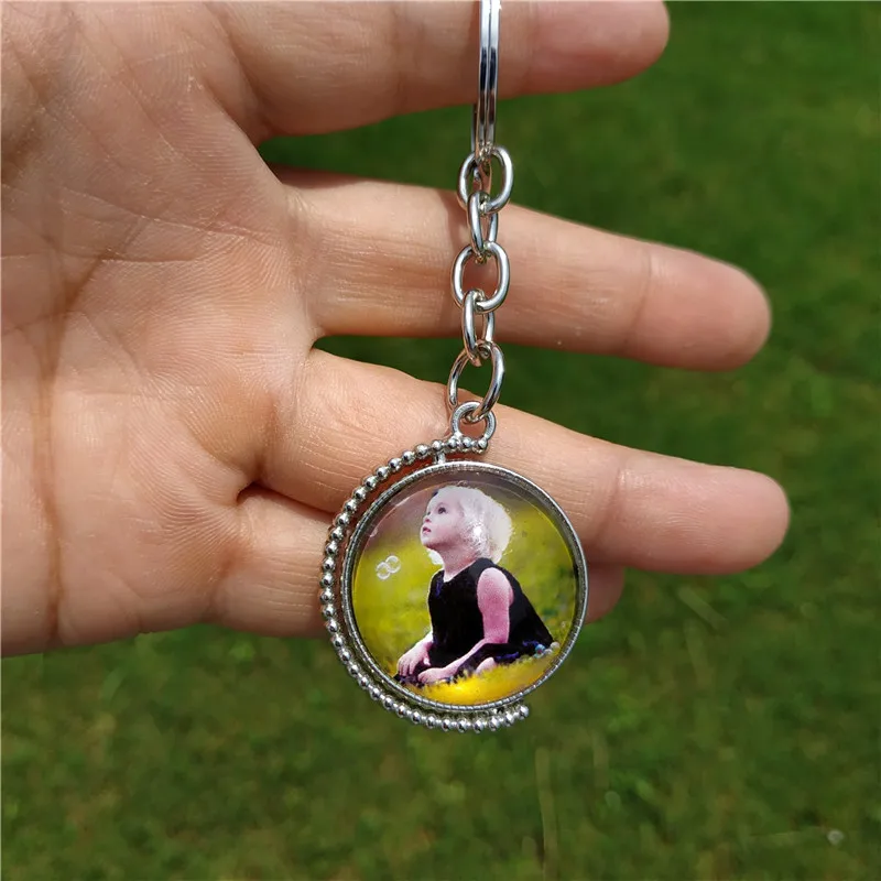 Double Side Rotatable Custom Key Chain Glass Lovely Personalized Baby Family Lovers Photo Special Date Customerized Keychains