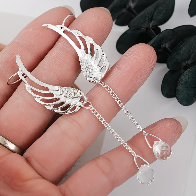 1Pairs Silver Plated Angel Wing Stylist Crystal Earrings Drop Dangle Ear Stud for Women Long Cuff Earring Bohemia Jewelrys