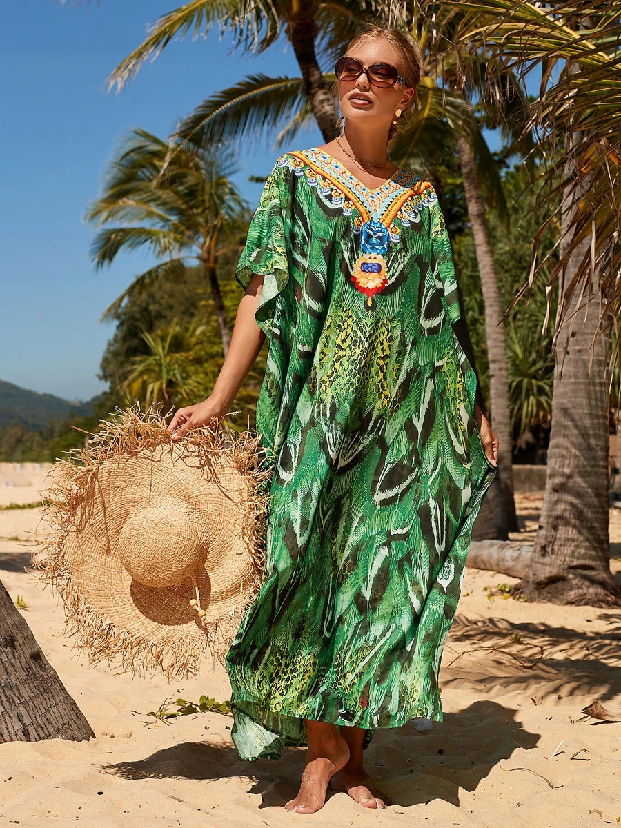 Bohemian Green Kaftan Holiday Dresses Plus SIze Wild Tropical Pattern Beach CoverUp Party Seaside Resortwear Caftan Summer Women