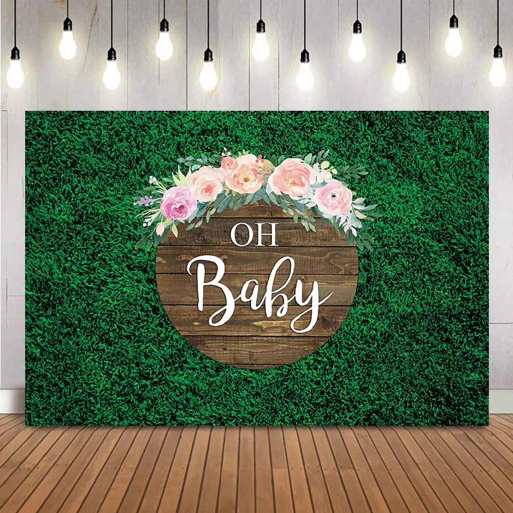 

Oh Baby Backdrop Green Grass Photography Background Boy Baby Shower Party Decoration Supplies Photocall Dessert Table Banner