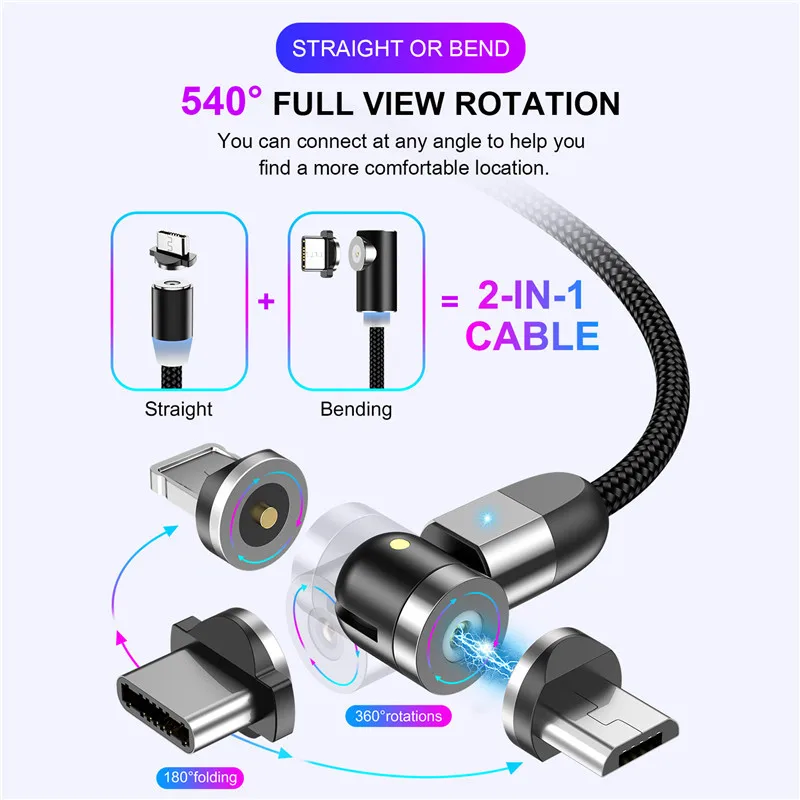 USLION Magnetic Cable usb Type C Magnetic Charge Micro usb Cable For iPhone 14 Xiaomi mi 9 usb c Fast Charging  Wire 540 charger