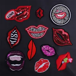 Sequins Letters Lips Embroidered Patches for Clothing Thermoadhesive Badges Patch Thermal Stickers for Fabric Clothes Appliques