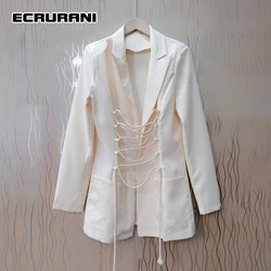 ECRURANI Casual Patchwork Bandage Solid Blazer For Women Notched Long Sleeve Tunic Blazers Female Fashion Clothes 2021 New Style