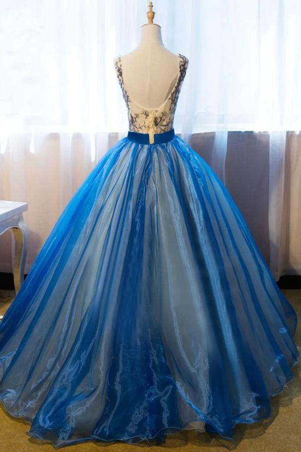 Vestido único de fiesta de Organza con cuello en V, vestido de noche de tul azul, largo hasta el suelo, con apliques florales