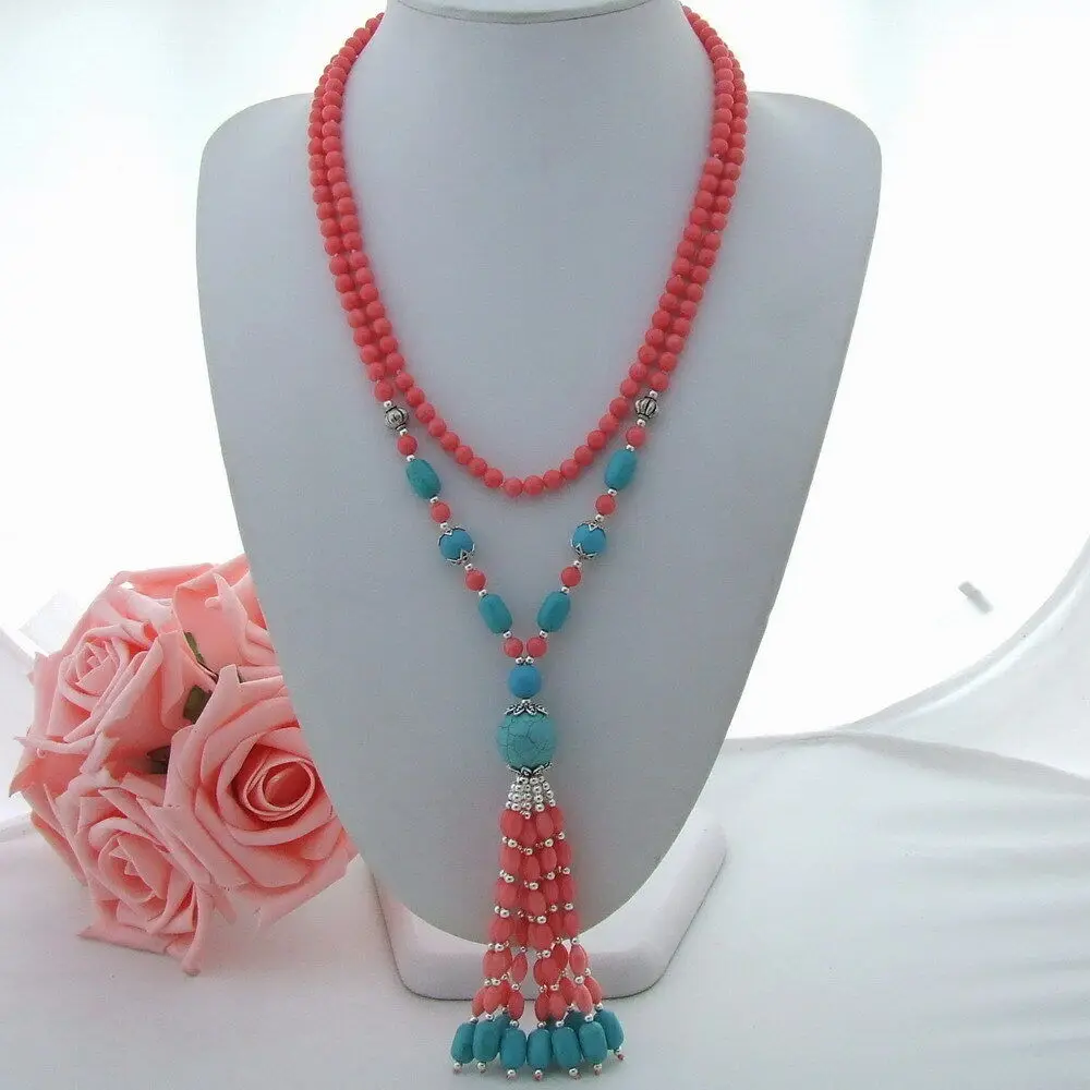 

45" round red Coral &Turquoise Necklace