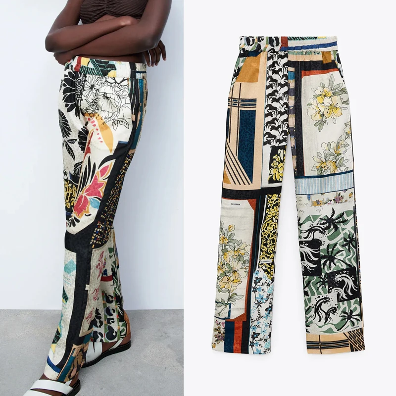 

2021 Printed Women Pants Patchwork Trousers For Female Wide Leg Pant High Waist Pants Black Vintage Casual Elastic Waist