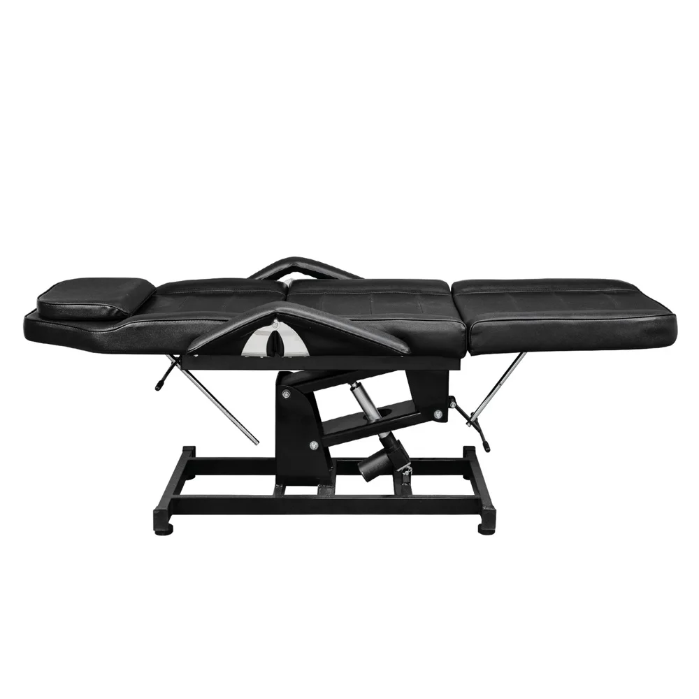 72in 3-Section Spa Beauty Salon Tattoo Massage Bed with Motorized Reclinable Height Power Lift & Stool Black