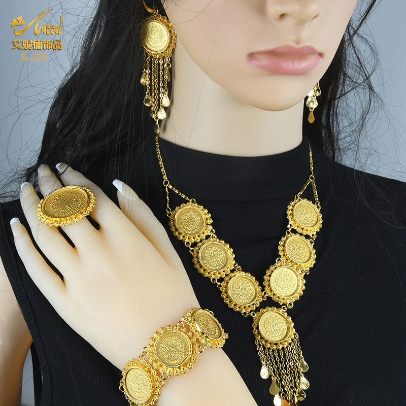 ANIID Dubai Gold Color Coin Necklace Bracelet Jewelry Sets For Women African Ethiopian Bridal Wedding Luxury Jewellery Gifts