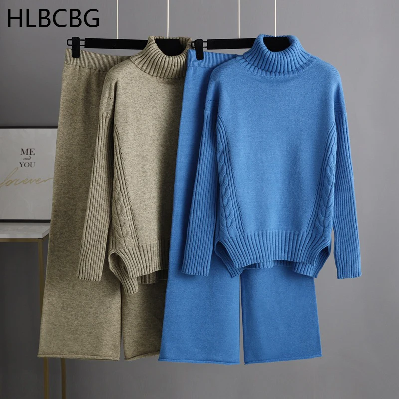 HLBCBG Oversized Two Piece Women Knitted Tracksuits Winter Cashmere Warm Turtleneck Sweater Harem Pants 2 Piece Warm Set Outfits