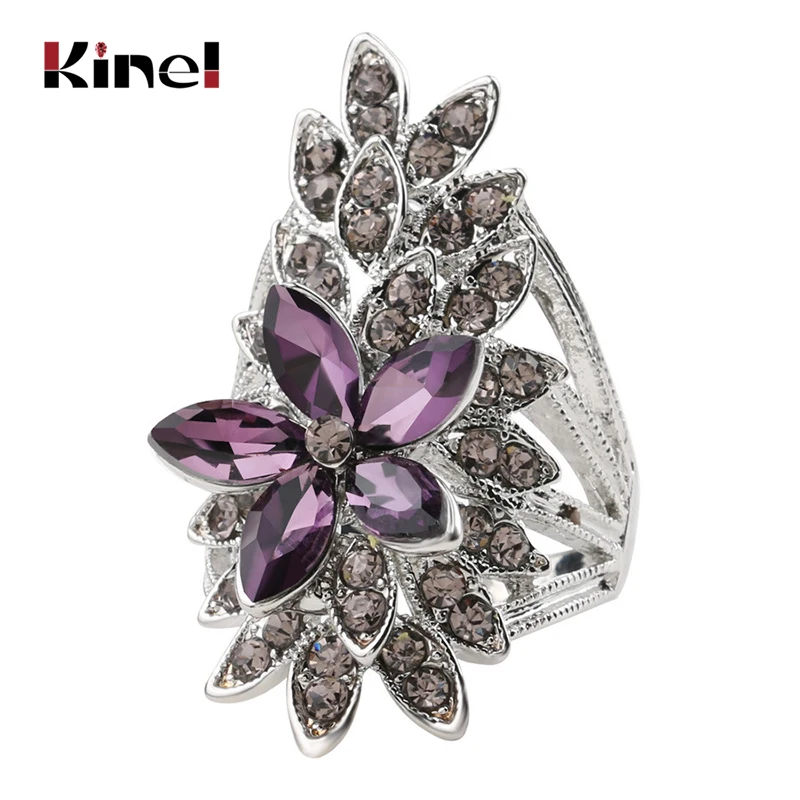 Kinel Fashion Crystal Flower Rings For Women AAA Purple Glass Tibetan Silver Wedding Finger Ring Fine Jewelry Bague