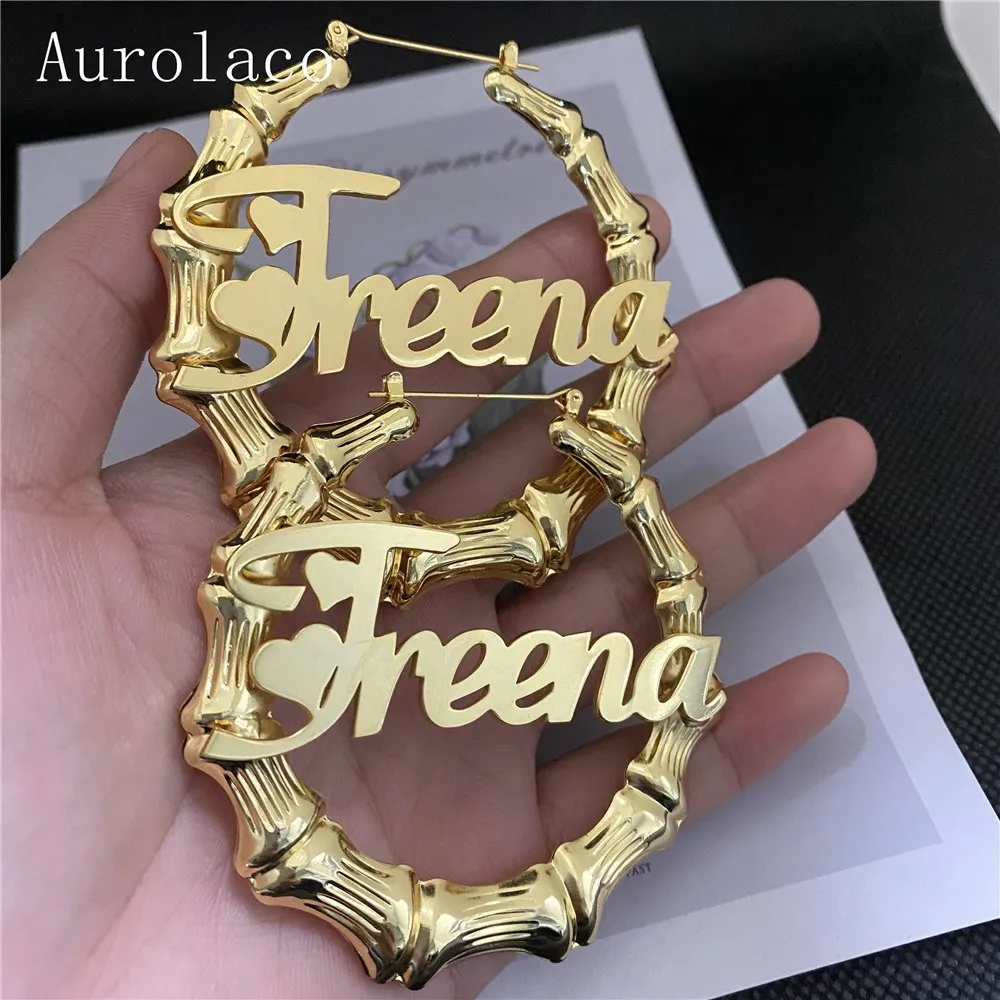 

AurolaCo 30-125MM Bamboo Earrings Custom Name Earrings Customized Bamboo Hoop Earrings Stainless Steel Earrings for Women Gifts