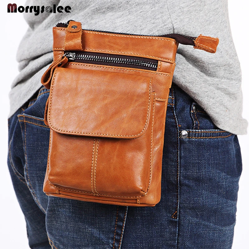 Men's Waist Bag Leather Belted Mobile Phone Bag Waist Packs Three-dimensional Bags Genuine Leather Cow Leather Pillow Fashion