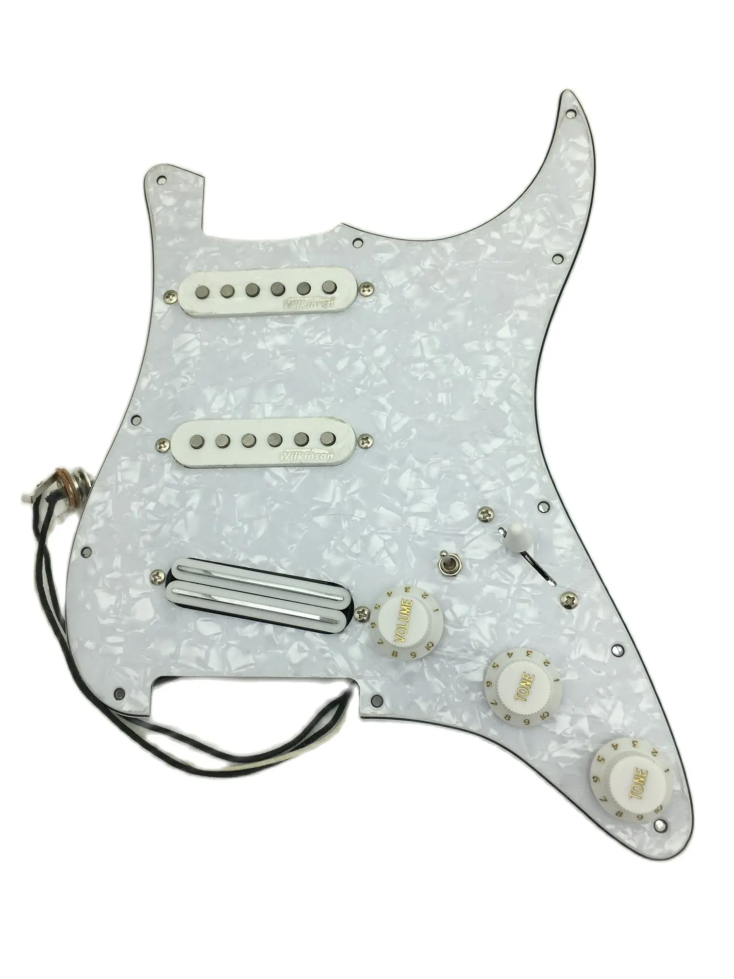 

Prewired ST Pickguard SSS White Wilkinson Alnico Pickups 7 Way Switch Multifunction Wireing Harness