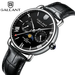 GALLANT Mens Watch Luxury Quartz Watches Leather Wristwatch Moon Phase Waterproof Dress Watch for Men Fashion Relogio Masculino