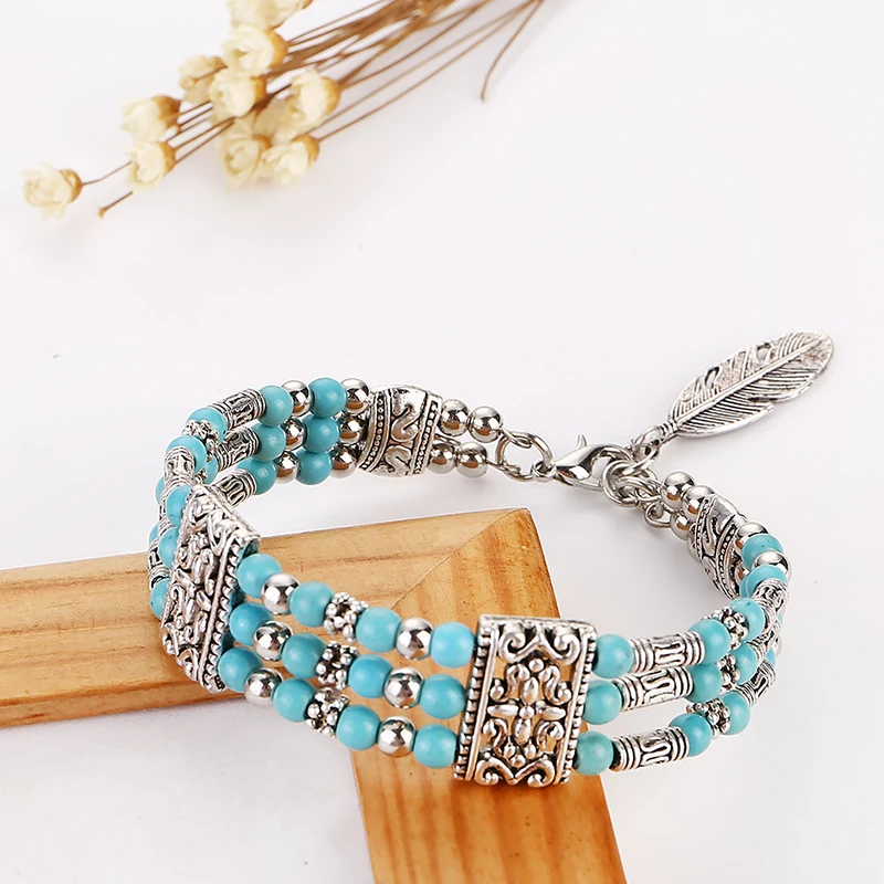 Bohemian Vintage Natural Stone Beaded Feather Charm Bracelet For Women National Handmade Round Bead Carved Boho Bracelet Jewelry