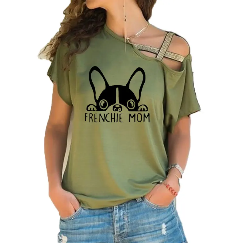 

Summer Frenchie Mom Fashion French Bulldog Mom Print T Shirt Women Short Sleeve T-shirt Irregular Skew Cross Bandage Tee Tops