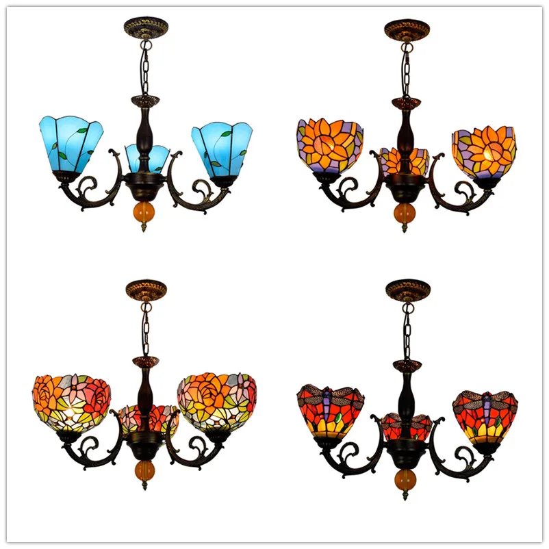 European Retro Mediterranean Creative Tiffany Stained Glass Rose Bedroom Restaurant Bar 3 Heads Chandelier Lamps