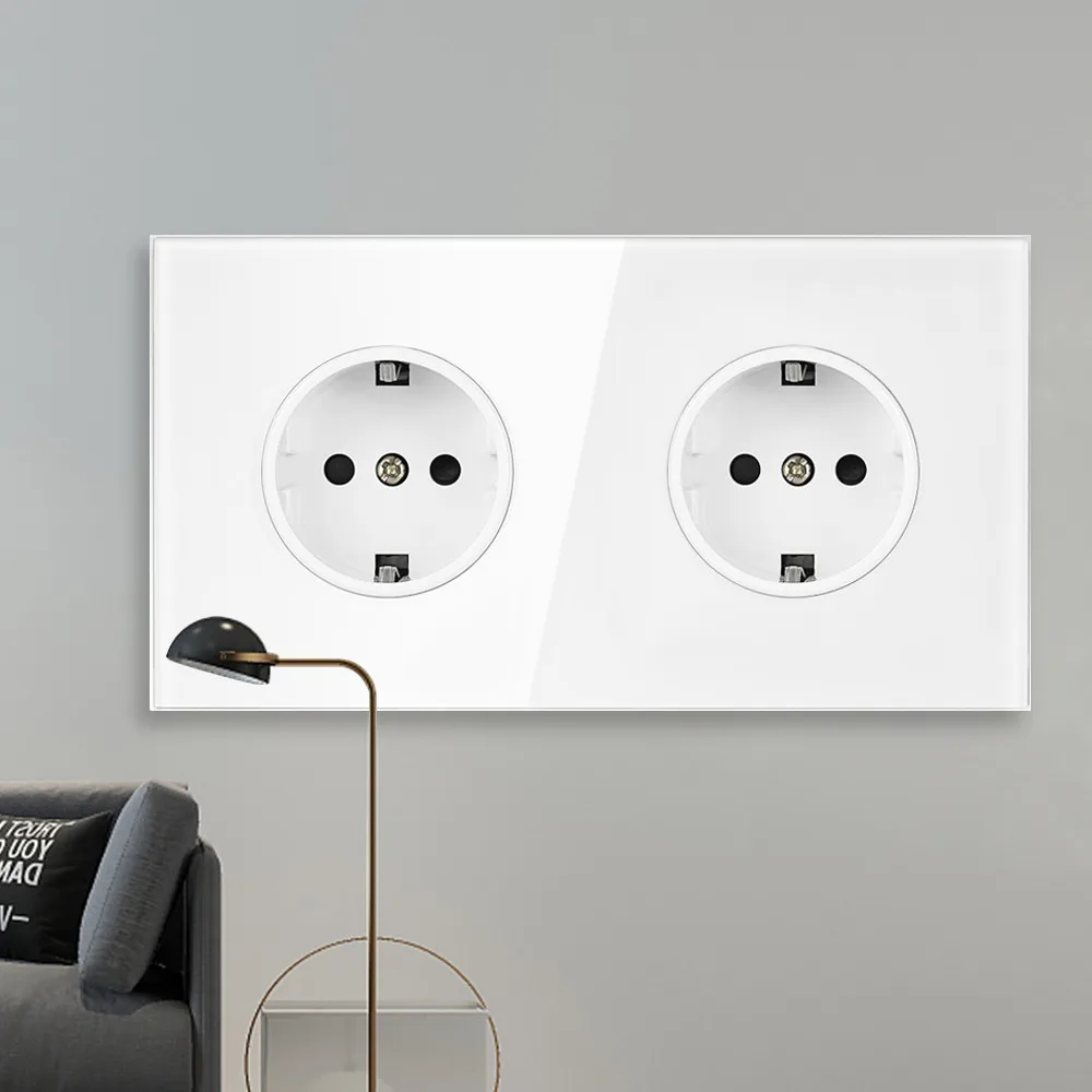 SRAN 2 gang EU Electrical Sockets AC 250V 16A Full Screen Tempered Glass Panel, Double Power socket home appliance