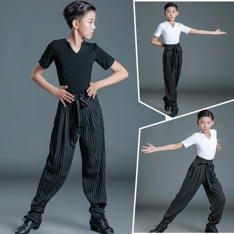 2021 Kids Latin Ballroom Dancing Costume Black/White Shirt Boys Latin Competition suit Professional Cha Cha Tango Dance Clothes