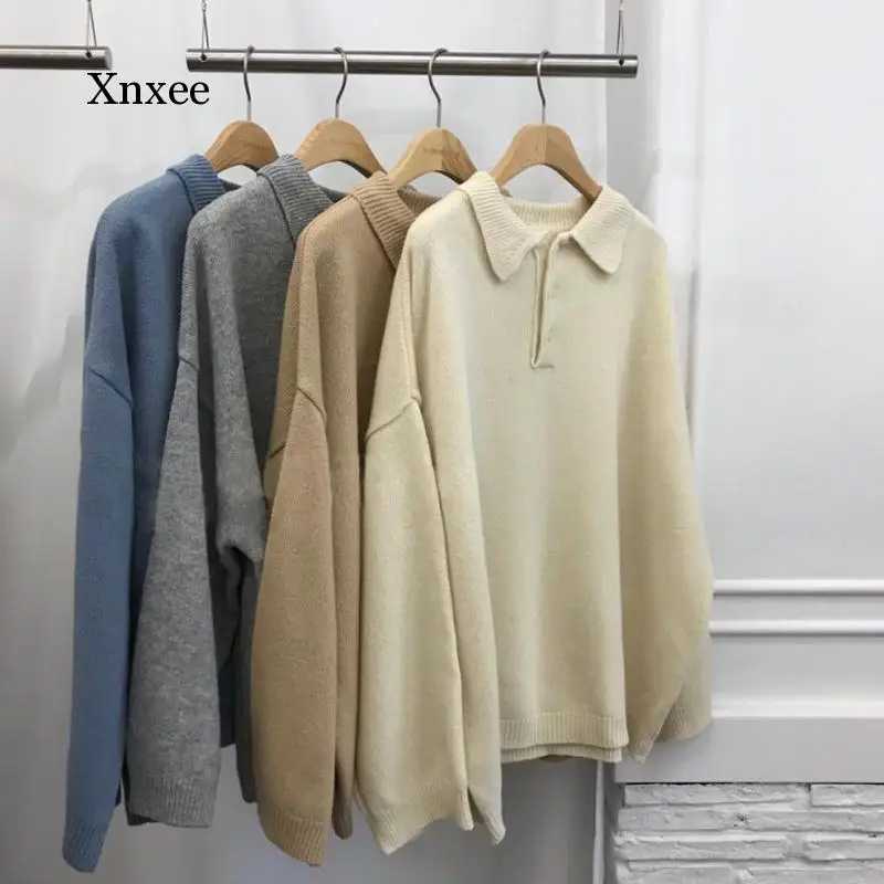 Chic Turn-Down Collar Buttons Long Sleeve Female Sweaters Spring Casual Loose Knitting Jumpers Ladies Sweater Tops 2020