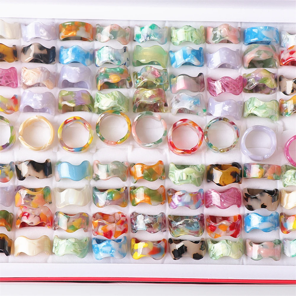 Women's Fashion 20pcs/lot Resin Acrylic Wave Chessboard Pattern Open Rings Jewelry For Party Gifts Wholesale