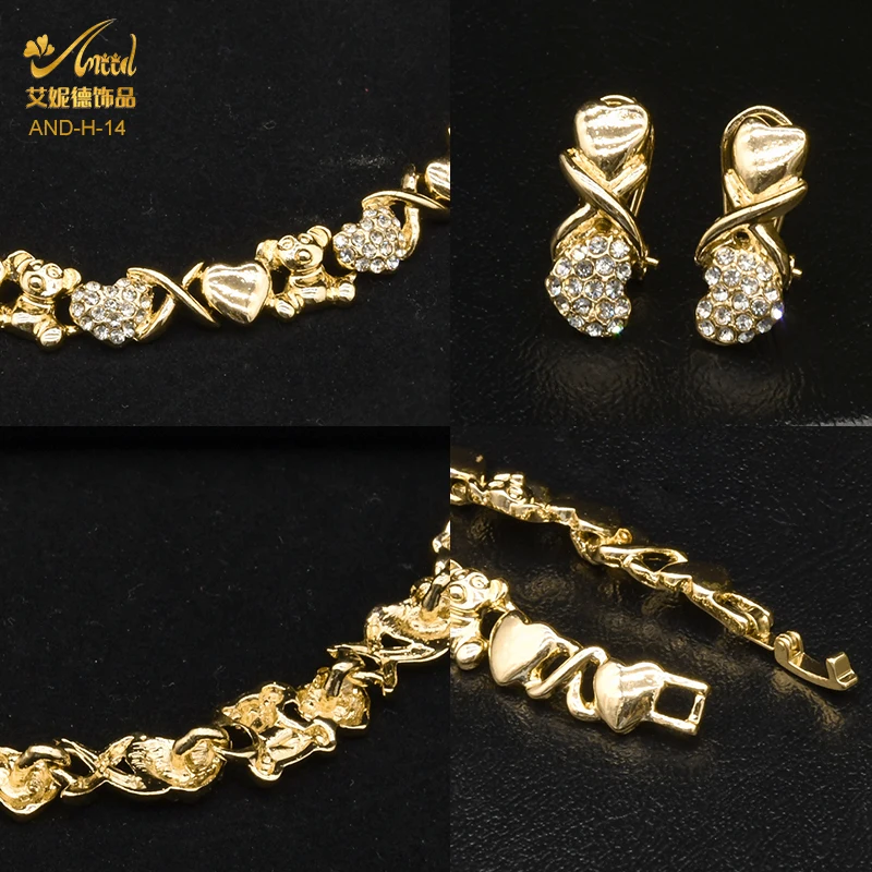 ANIID Heart Crystal XOXO Necklace Set African Gold Color Women Fashion Nigerian Wedding Bridal Jewelry Set Dubai Gift