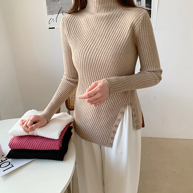 Thick Khaki Knitted Slim Sweater for Women Elegant Hem Slits Ribbed Pullover Basic Turtleneck Long Sleeve Sweaters Pull Femme