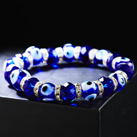 Fashion 10 mm Beads Devil Evil Eye Bracelet Men Women Blue Resin Crystal Palm Bell Couple Jewelry Bangle Accessories Female Gift