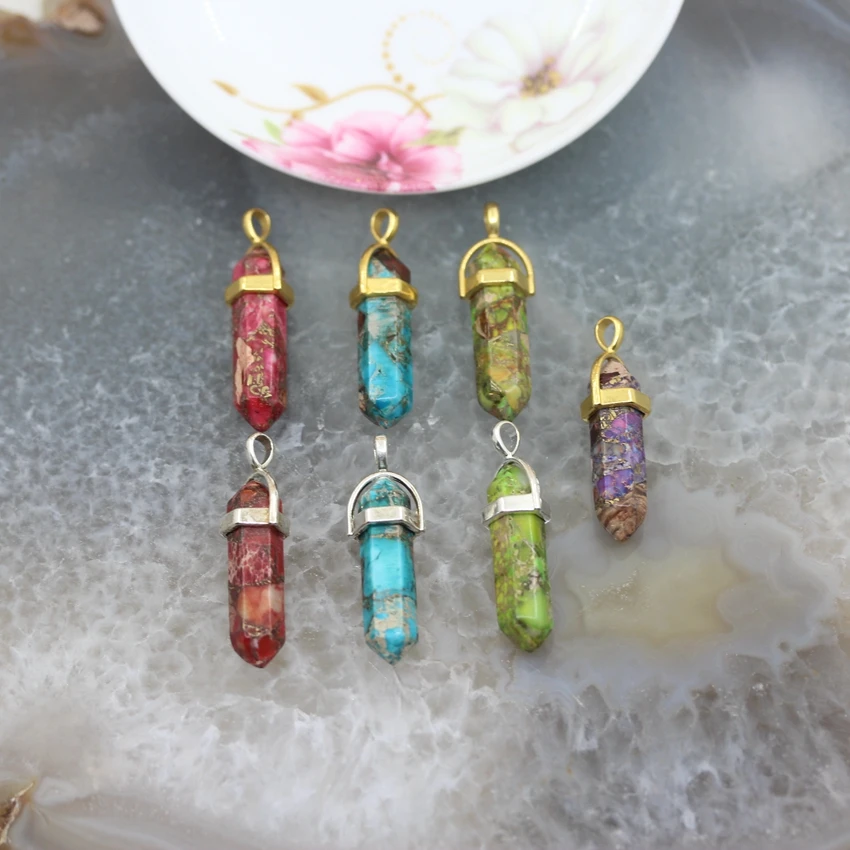 

10pcs,Colourful Imperial Jaspers Hexagon Point Pendant,Plated Gold/Silvers Cap Sea Sediment Hexagon Prism Charm Necklace Jewelry