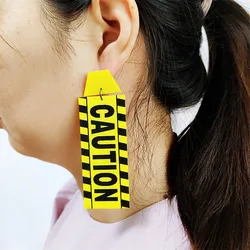 KUGUYS CAUTION Card Long Drop Earrings for Women HipHop Rock Punk Jewelry Accessories Acrylic Letters Festival Art Dancer Yellow